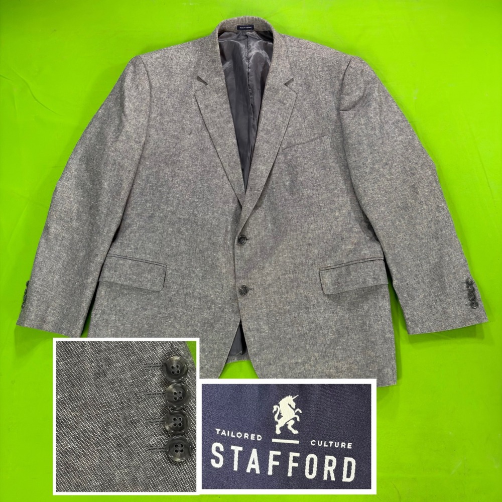 Stafford Signature Linen/Cotton Blazer Mens 50R Gray Herringbone Big Tall Coat